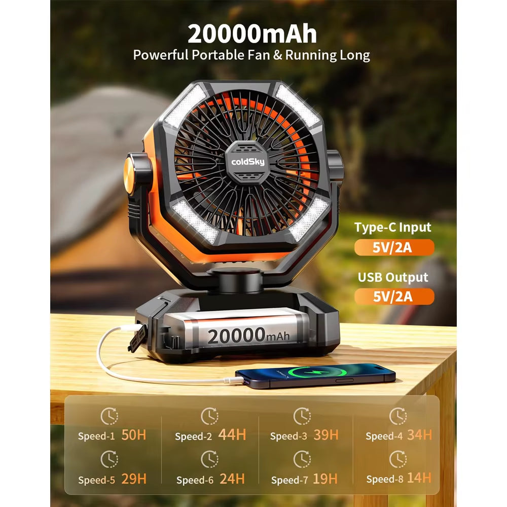 Wentylator kempingowy LED z akumulatorem 20000 mAh, 8 prędkości