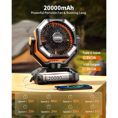 Wentylator kempingowy LED z akumulatorem 20000 mAh, 8 prędkości